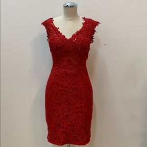 Red Jersey Lace Fitted Dress Small